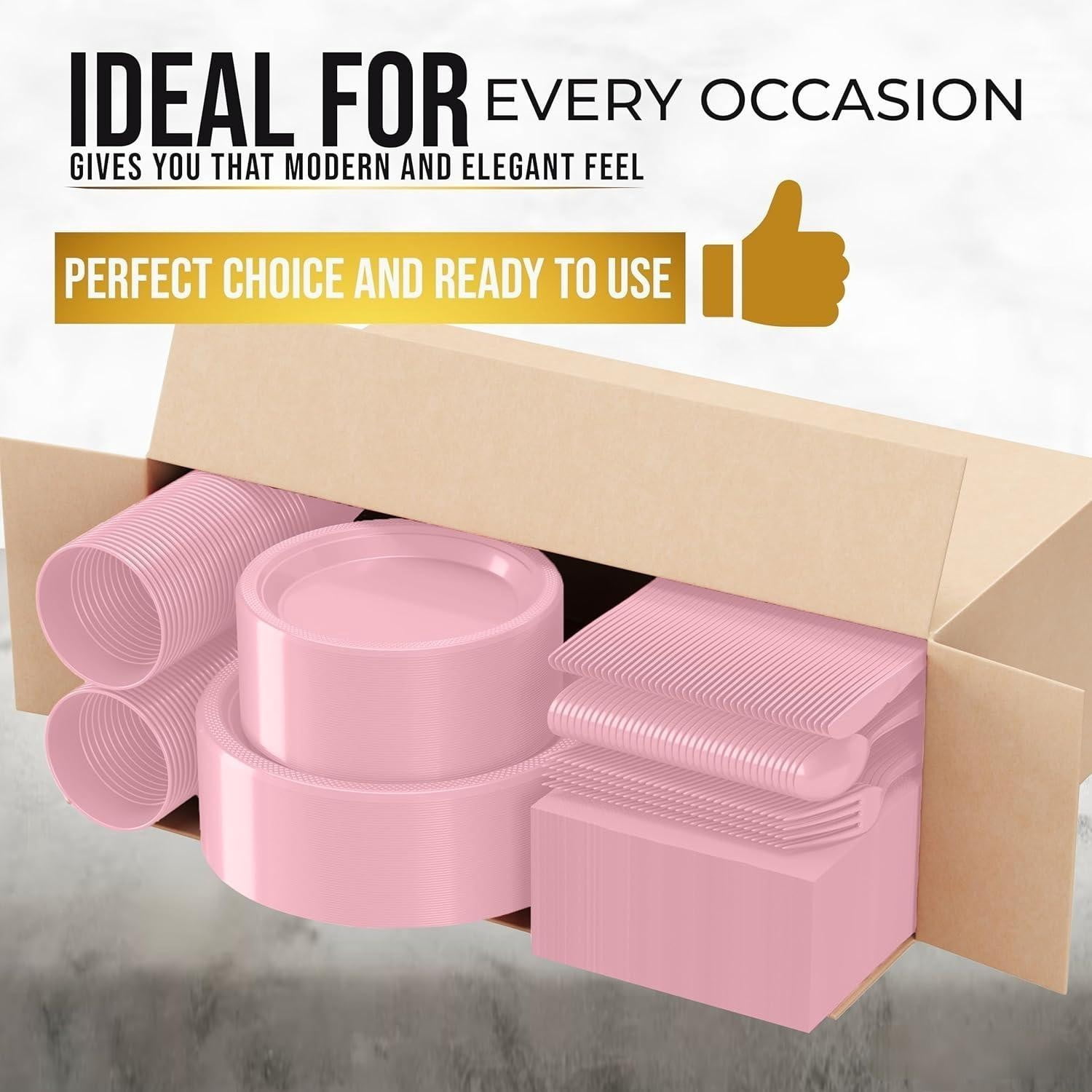 DFS 350-Piece Complete Pink Party Tableware Set, 50 Each of Dinner Plates, Dessert Plates, Cups, Napkins & Forks, Disposable Party Kit