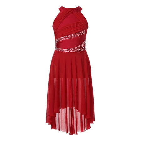 TSSOE Kids Girls Lyrical Dance Dress Sleeveless Rhinestone Ruched High-Low Tulle Leotard Tutu Dancewear Burgundy 14