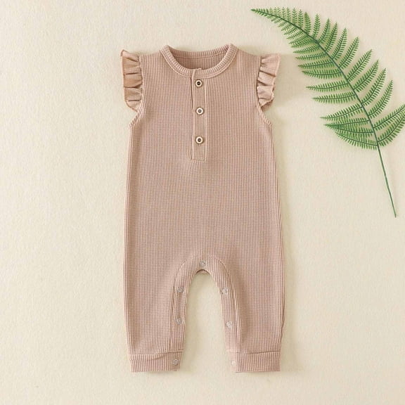 BRGZLK Infant Baby Cotton Onesie, Toddler Boys Girls Cute Solid Color Bodysuit Loose Round Neck Button Fly Sleeve Comfy Breathable Jumpsuit Brown 9-12 Months