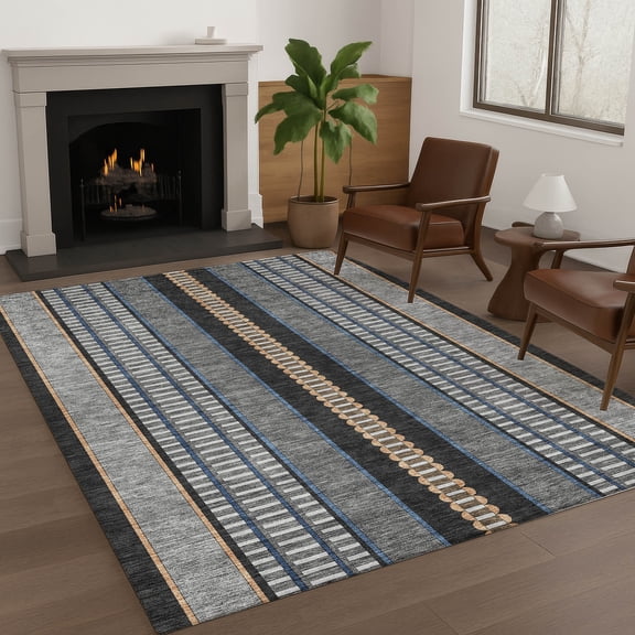 Addison Rugs Chantille Indoor/Outdoor Transitional Stripes Black Machine Washable Rectangle Rug, 10' x 14'