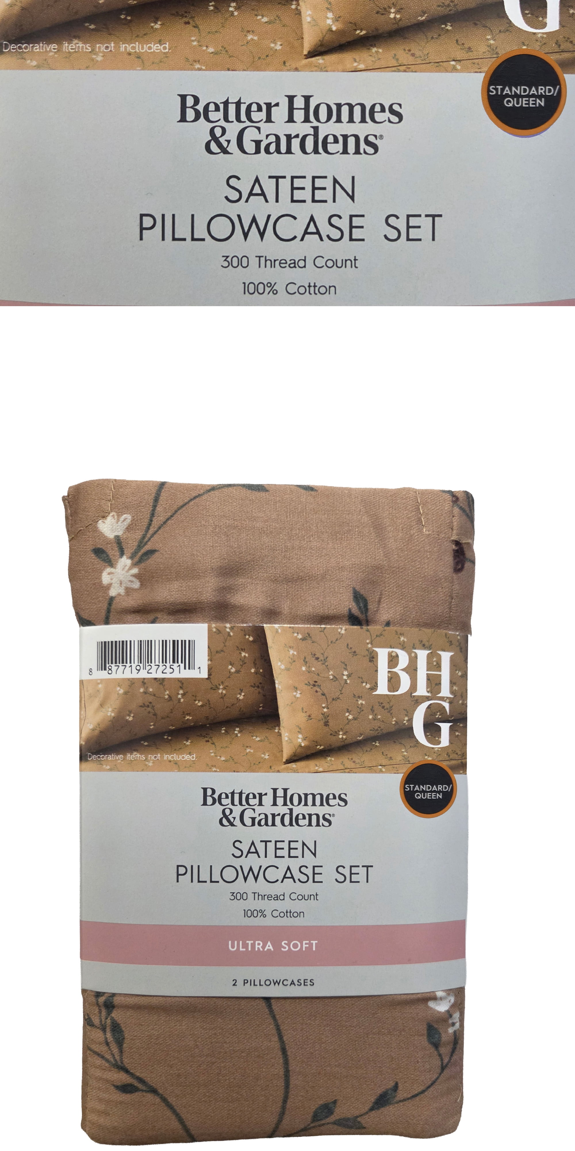 Better Homes & Gardens 2-Piece 300 Thread Count Cotton Sateen Pillowcase Set, Lysia Floral Dark Caramel, Standard/Queen