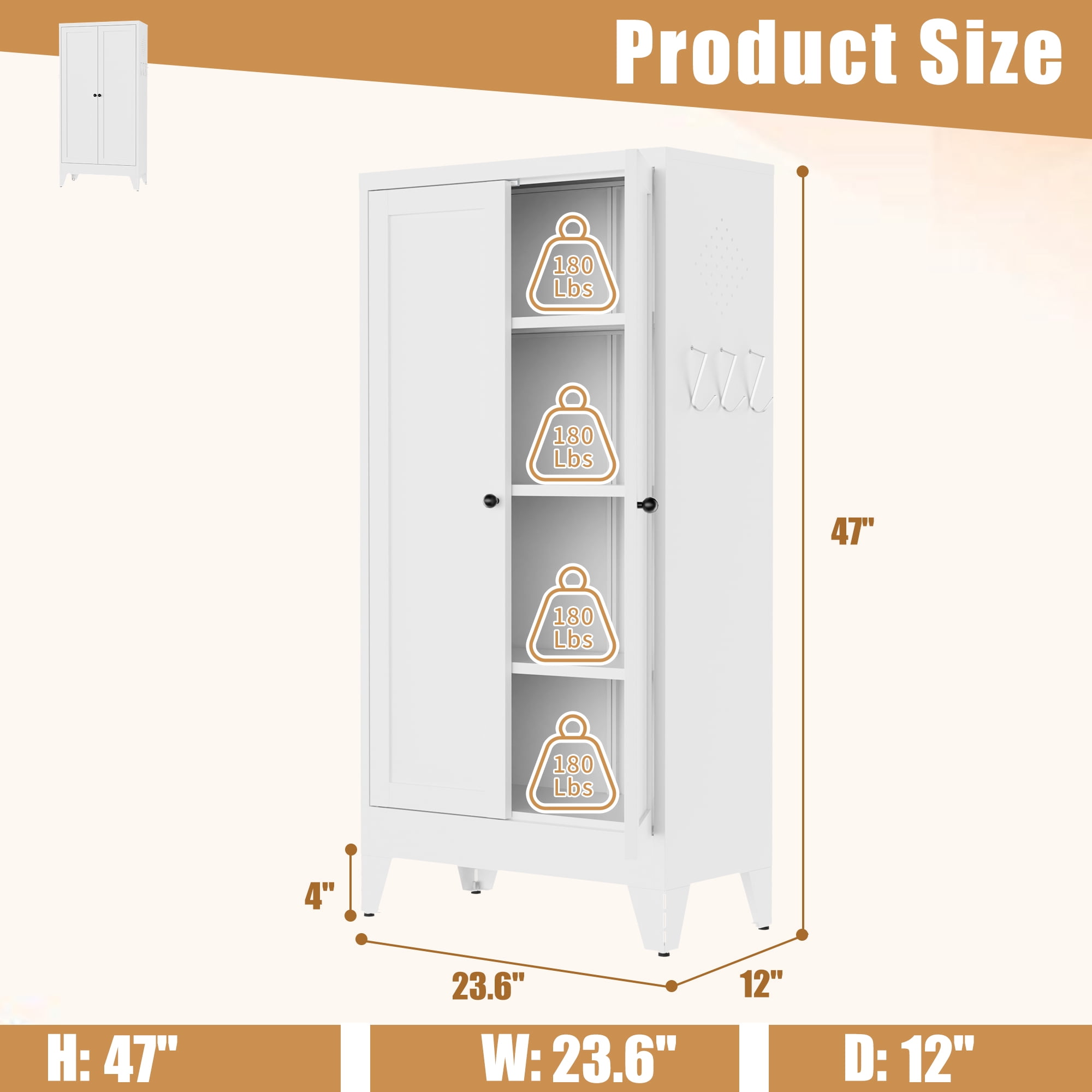 Freestanding Metal Kitchen Pantry Cabinet, 3 Adjustable Heavy‑Duty Storage Shelves (110lbs Each), Anti‑Tip Organizer for Kitchen Pantry Living Room Bathroom