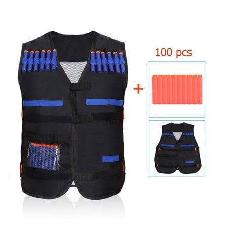 Elite Tactical Vest Kids Black Elite Tactical Vest with 100 PCS EVA Soft Bullets Refill Darts For N-Strike Elite Series Toy ()