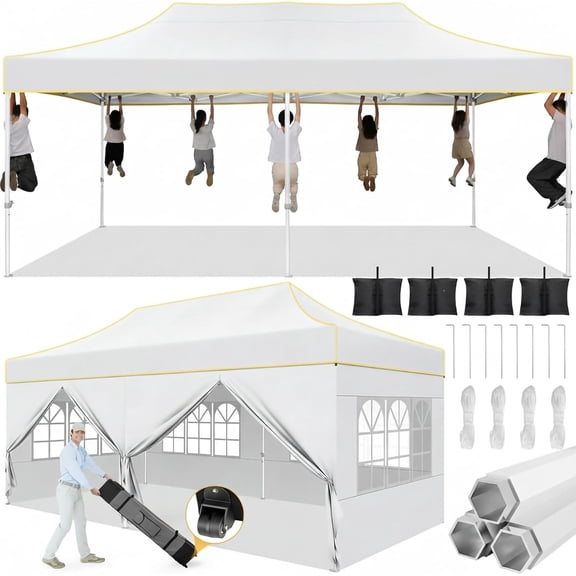 HOTEEL 10x20 Heavy Duty Canopy Tent with 6 Removable Sidewalls,Pop up Outdoor Commercial Party Wedding Tent with Roller Bag,Waterproof & UV 50 ,White