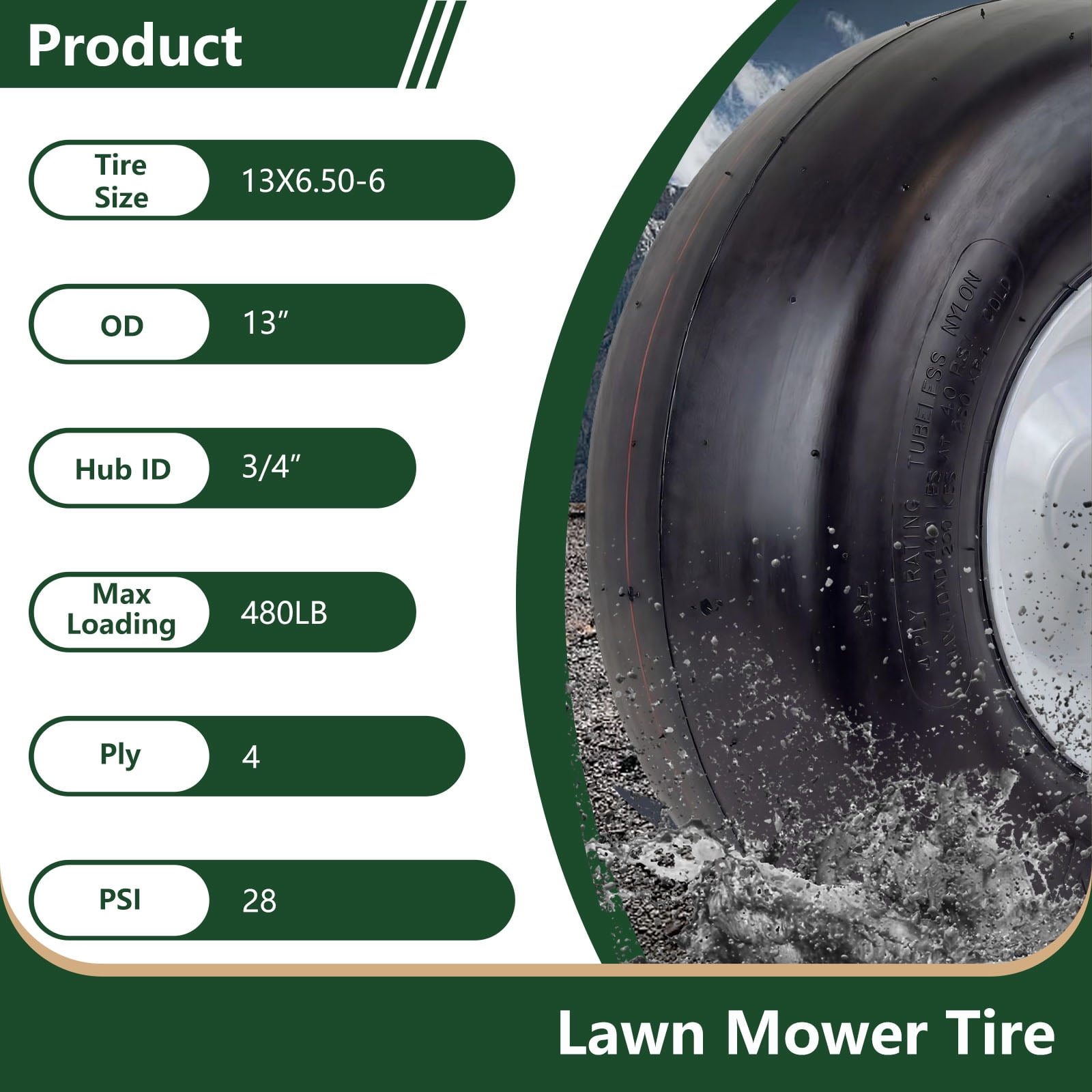 Hi-Run 2 Set SU19 13X6.50-6 4PR Lawn & Garden Tires and Wheel Assembly on 6X4.5 White Wheel with 3/4" Bushing