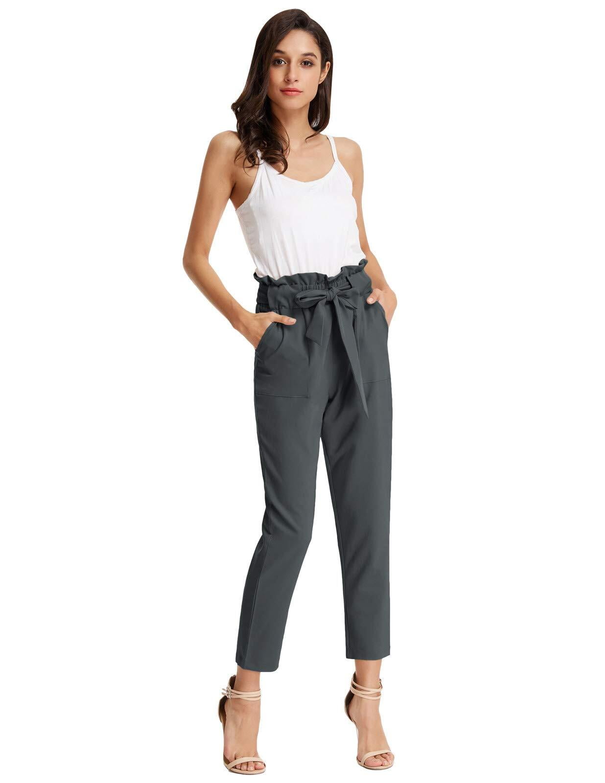 GlorySunshine Womens Cropped Paper Bag Pants Casual Trouser Elastic Waist Pants with Pockets 