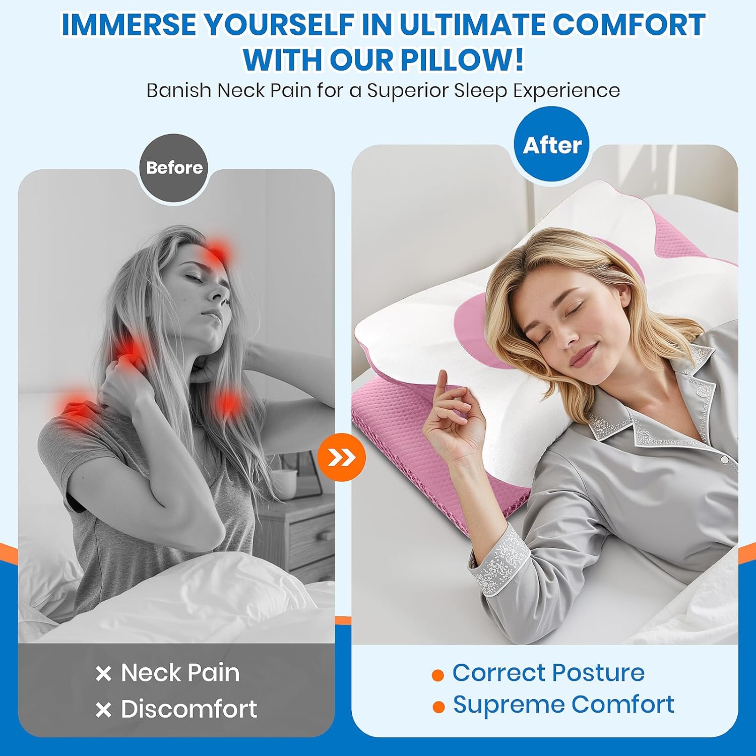 Cervical Neck Pillow for Sleeping, Memory Foam Side Sleeper Pillow, Ergonomic Pillows for Neck Pain Relief, Shoulder Support Pillows for Side Back Stomach Sleepers (Pink, Queen Size)