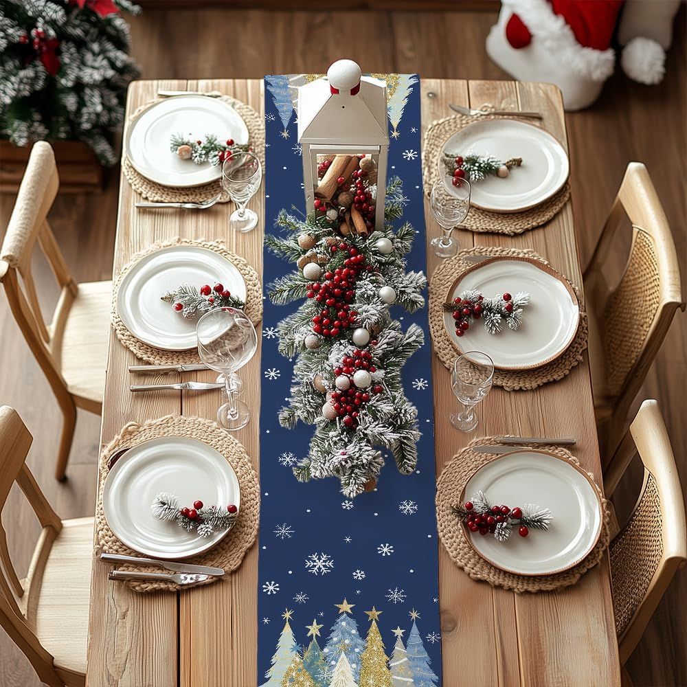 Christmas Table Runner 13x72 Inch, Xmas Trees Snowflakes Winter Holiday Decorative Farmhouse Table Decorations for Kitchen Dinning, Indoor Outdoor Dinner Party Decor
