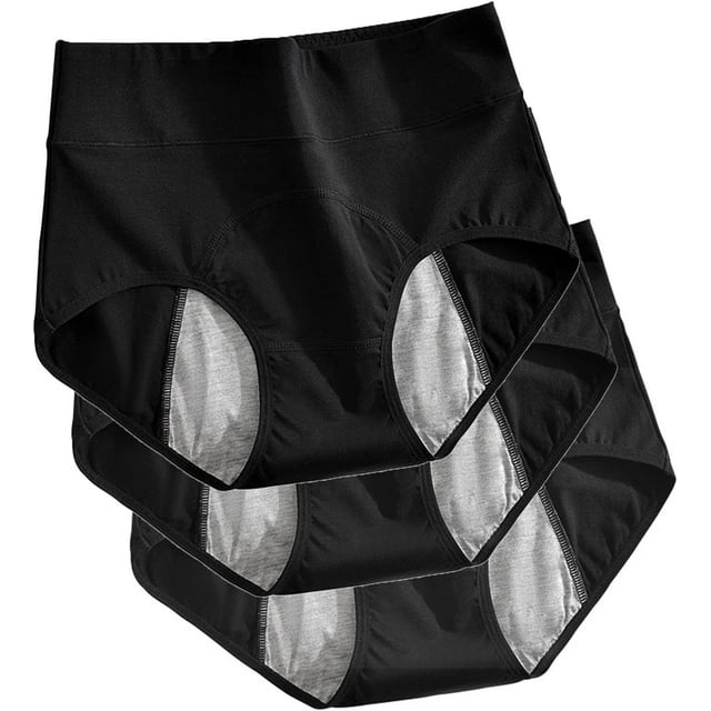 GHSDFBB 3 Pcs Culottes Anti-Fuites pour Femmes, avec une Conception Taille Haute en Noir avec une Doublure Anti-Fuites à 3 Couches. Fabriquées à Partir de 95 % Coton et 5 % Élasthanne, Ces Culottes d'Incontinence Lavables Offrent Confort, Flexibilité et protection. la Grand Couverture Arrière et la Doublure Protectrice Étendue Préviennent les Fuites et les Taches, les Rendant Adaptées aux cycles Menstruels, à la Récupération Post-Partum Ou à l'Incontinence Urinaire. Conçues pour une Utilisation avec des Produits Sanitaires comme des Serviettes Ou des tampons.