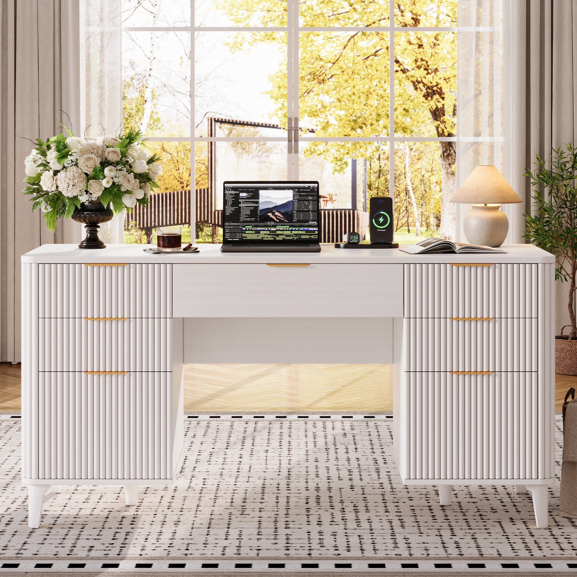 UGTOO White Modern 7-Drawer Desk with Power Strip – Home Office Storage & USB Charging Station (55.1" L x 19.6" W)