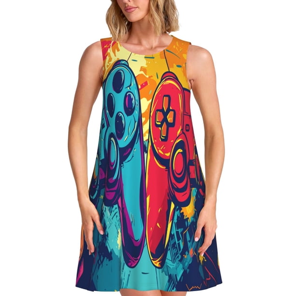 Fotbe Gaming Vestido de Verano sin Mangas para Mujer – Vestido Midi Línea A, Estilo Camiseta Floral, Vestido Playero Casual y Fluido