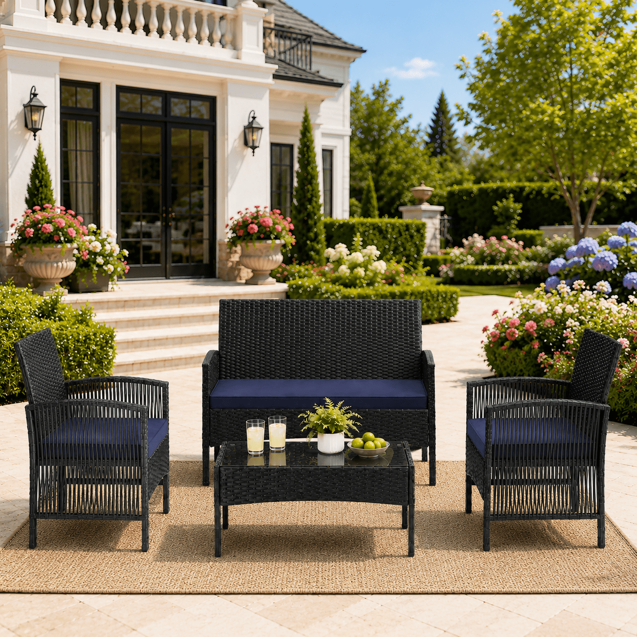Patio Furniture Set on Sale, 4 Pieces Outdoor Rattan Conversation Sofa Set, All-Weather Wicker Patio Sets, Cushioned Sofa and Coffee Table for Garden Deck Courtyard, Nevy