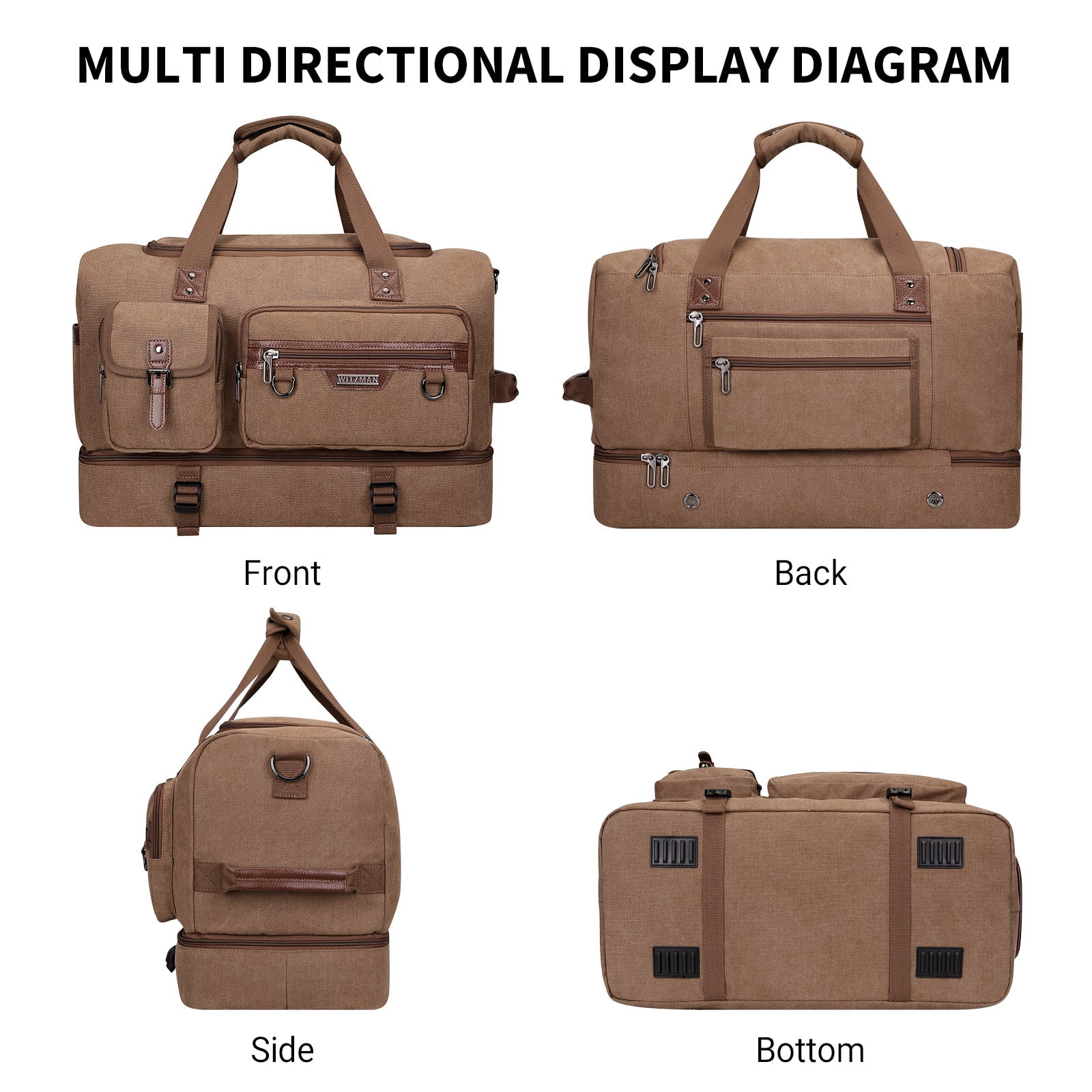 WITZMAN Canvas Weekender Bag Mens Overnight Bag for Traveling Carry on Duffle Bags with Shoes Compartment(A8010 Brown)