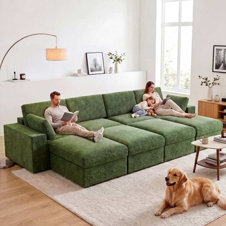 Reequo 150 inch Sleeper Sofa Boneless Cloud Couch, Oversized Modular Sectional Sofa with Double Layer Cushions, 28 Deepseat, Removable Covers, 8