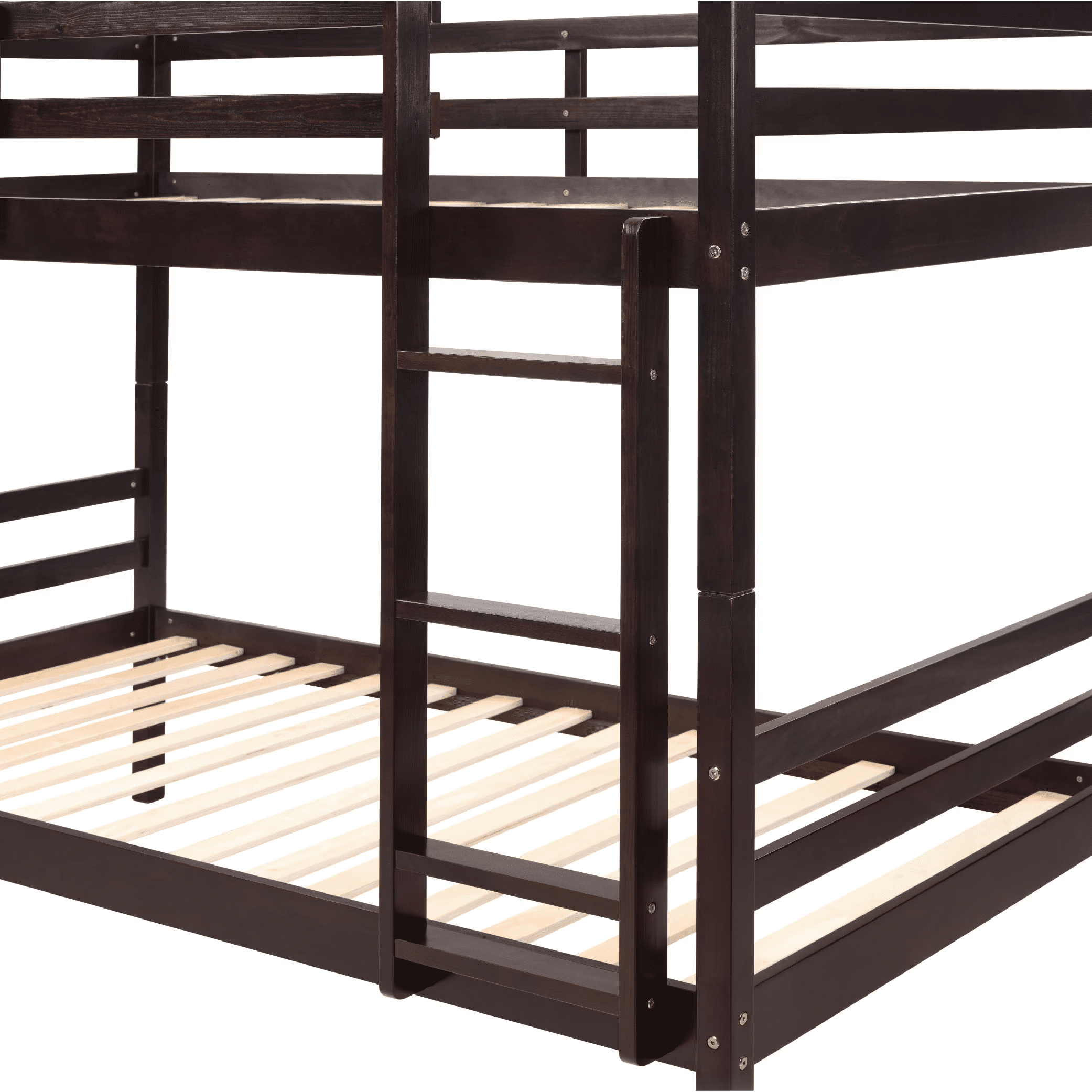 MAYEERTY Twin over Twin Bunk Bed with Ladder, Wooden Bed Frame with High Guardrail and Ladder for Kids, No Box Spring Needed, Espresso