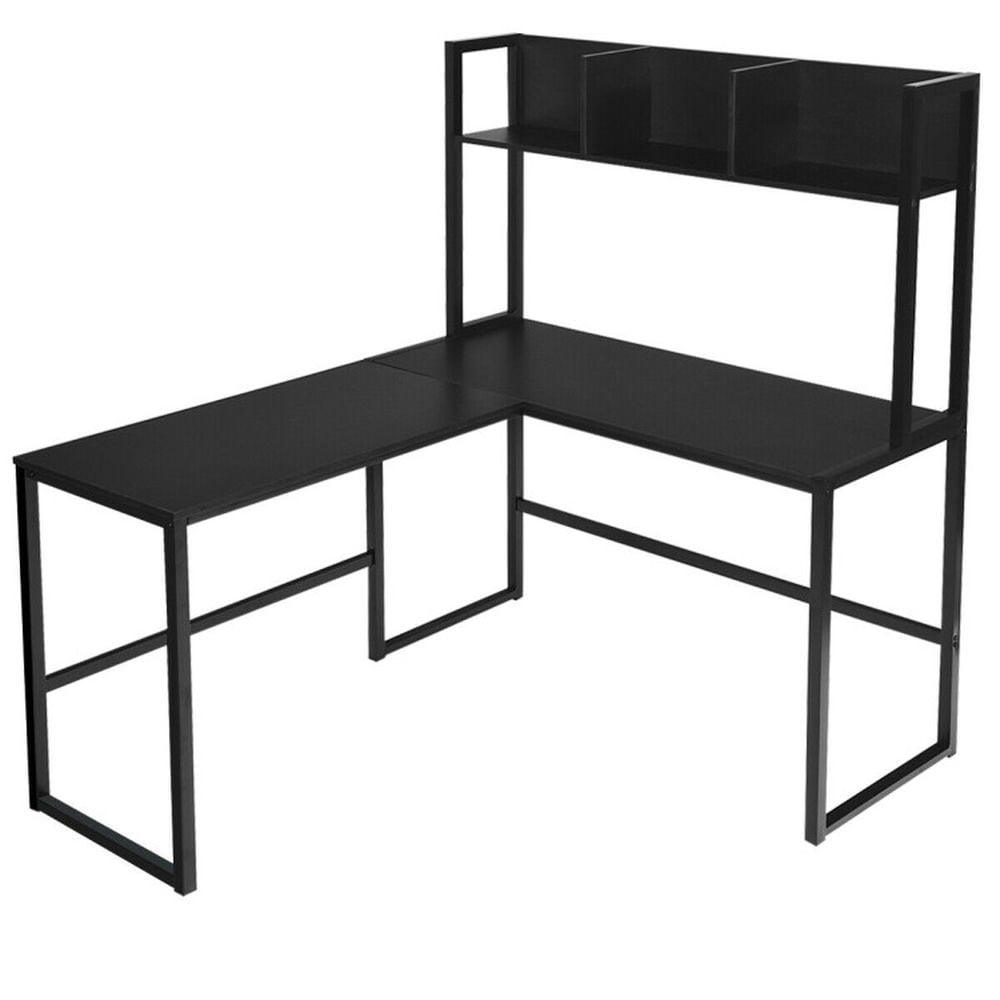Demi Bonn Reversible L-Shaped Corner Desk with Storage Bookshelf, Small Home Office Desk Study Writing Table, Black