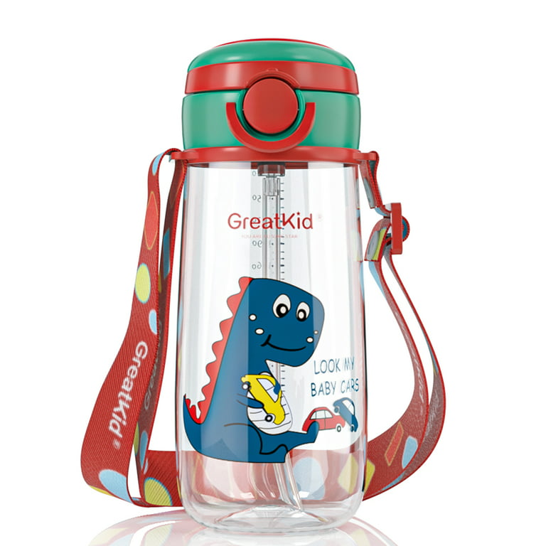 Greatkid 16oz Kids Sport Water Bottle with Straw,Reusable Bottle with  Handle and Shoulder Strap,Leak-Proof Locking Cap,Suitable Toddlers for