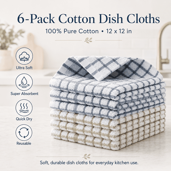 USTOP  6 Packs Hand Towels for Kitchen, 100% Cotton Grid Terry Kitchen Dish Towel, 12" x 12" Ultra Soft Super Absorbent Kitchen Hand towel ,Dish Rag for Wash Dish Reusable ,Multi-Purpose Quick Drying