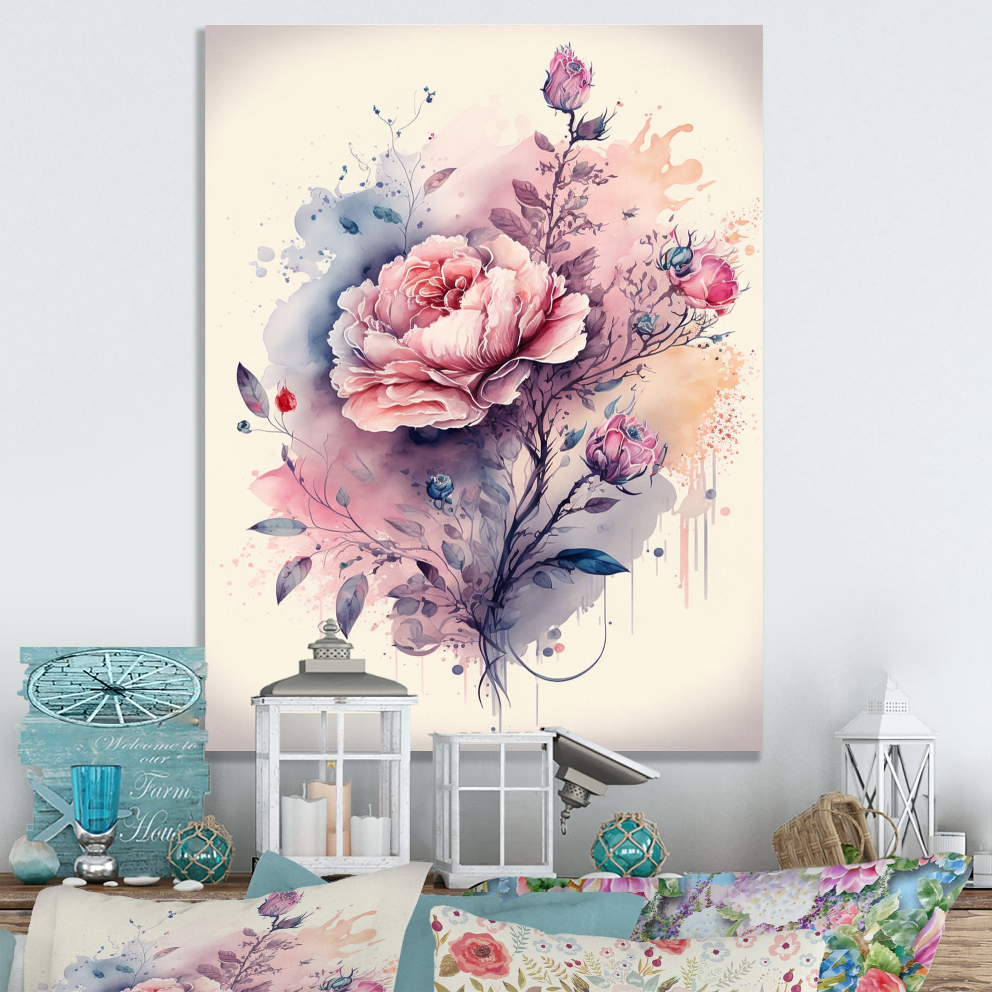 Designart Pink And Purple Rose Design Canvas Wall Art