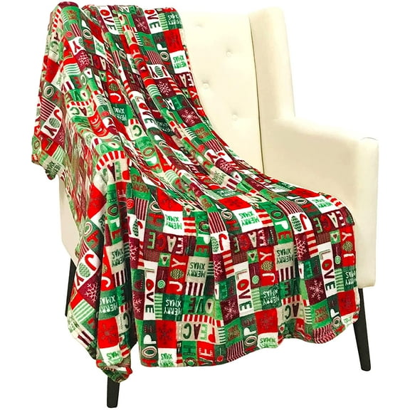 Serafina Home Holiday Patchwork Christmas Throw Blanket: Peace Joy Love Hope Greetings, Soft Cozy Accent for Sofa Couch Chair Bed or Dorm, Multi-Colored (Holiday Patchwork)