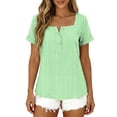 thumbnail image 6 of Yrmaups Loose Fit Short Sleeve T Shirt for Women Plus Size, Square Neck Button Down Blouse, Striped Casual Tee, Soft Stretch Top for Beach Travel Office Daily Wear, Green 3XL, 6 of 8