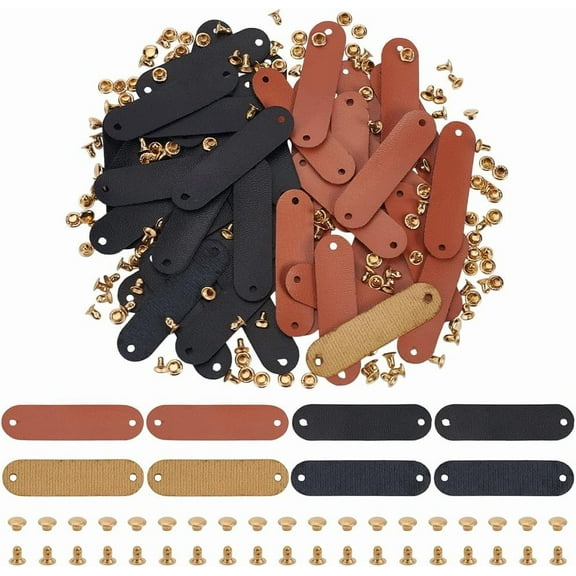 48 Sets PU Leather Label Handmade Tag with Rivets 1.7inch Black Chocolate PU Leather Clothing Blank Labels with Hole Oval Shape Handmade Leather Tag for Sewing Clothing Labels for DIY
