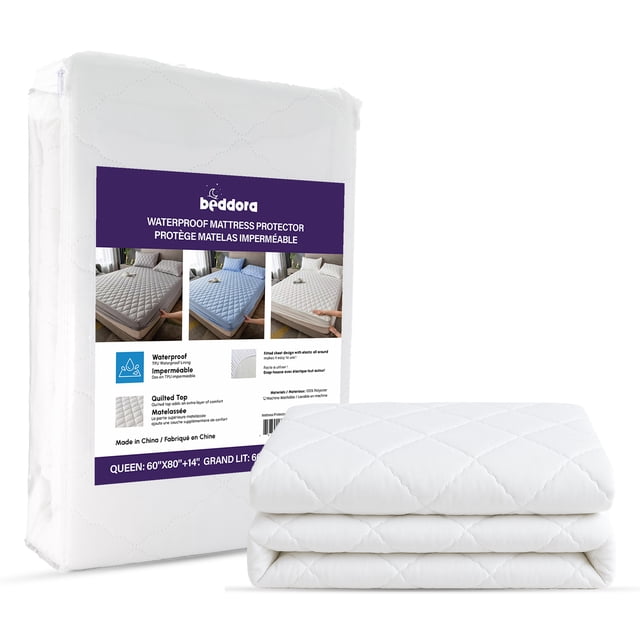 White Beddora king-size waterproof mattress protector with quilted top, soft and breathable fabric, displayed folded beside product packaging.