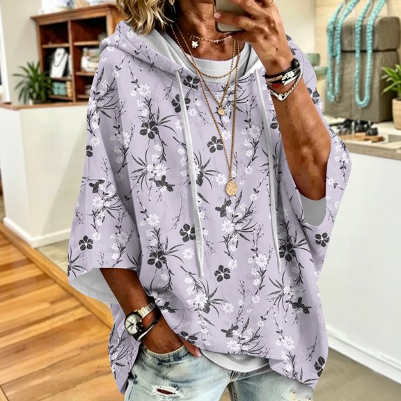Hoodies for Women Oversized 3/4 Sleeve Hooded Pullover Sweatshirt Loose Relaxed Fit Casual Fall Outfits