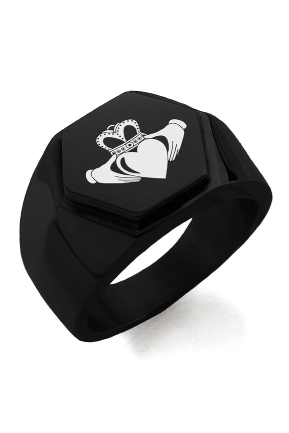 Stainless Steel Celtic Claddagh Unity Engraved Hexagon Crest Flat Top Biker Style Polished Ring
