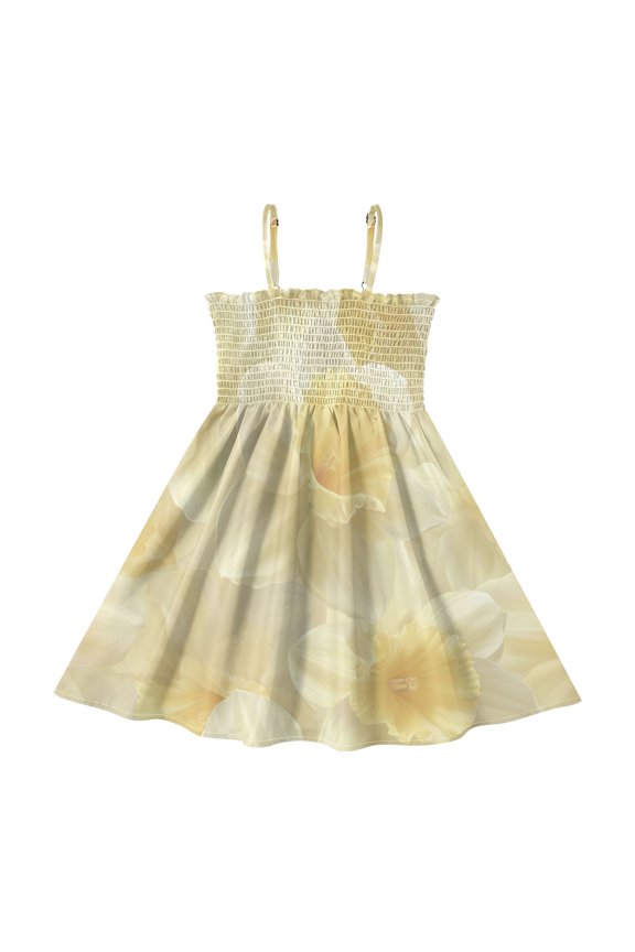 Yellow Daffodil Soft Color Flowers Girl's Adjustable Cami Dress Casual Sundress Smocked Ruffle A-Line 2T