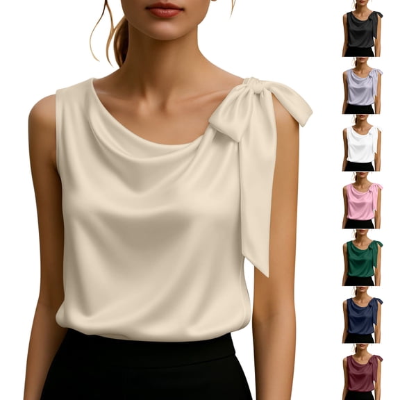 Miluxas Women's Satin Tank Tops Dressy Casual Bow Tie Mock Neck Sleeveless Work Blouse Shirt White XL(XL)