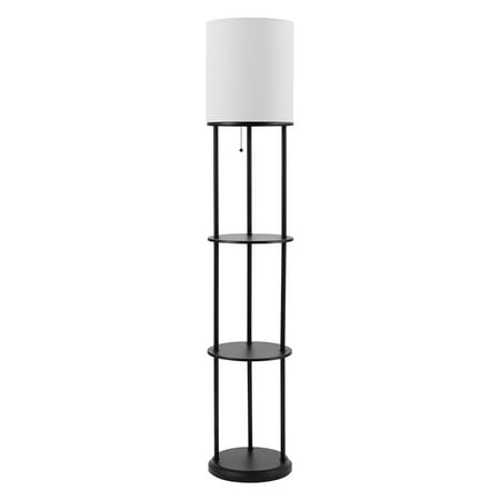 Globe Electric Reid 57.5u0022 Matte Black Shelf Floor Lamp with White Linen Shade, Modern Contemporary