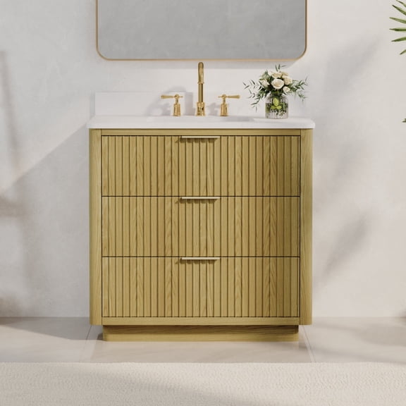 ANGELES HOME 36'' Bathroom Vanity with Single Sink, Modern Bathroom Storage Cabinet with 3 Drawers, Freestanding Bathroom Vanities, Soft Closing, Solid Wood Frame