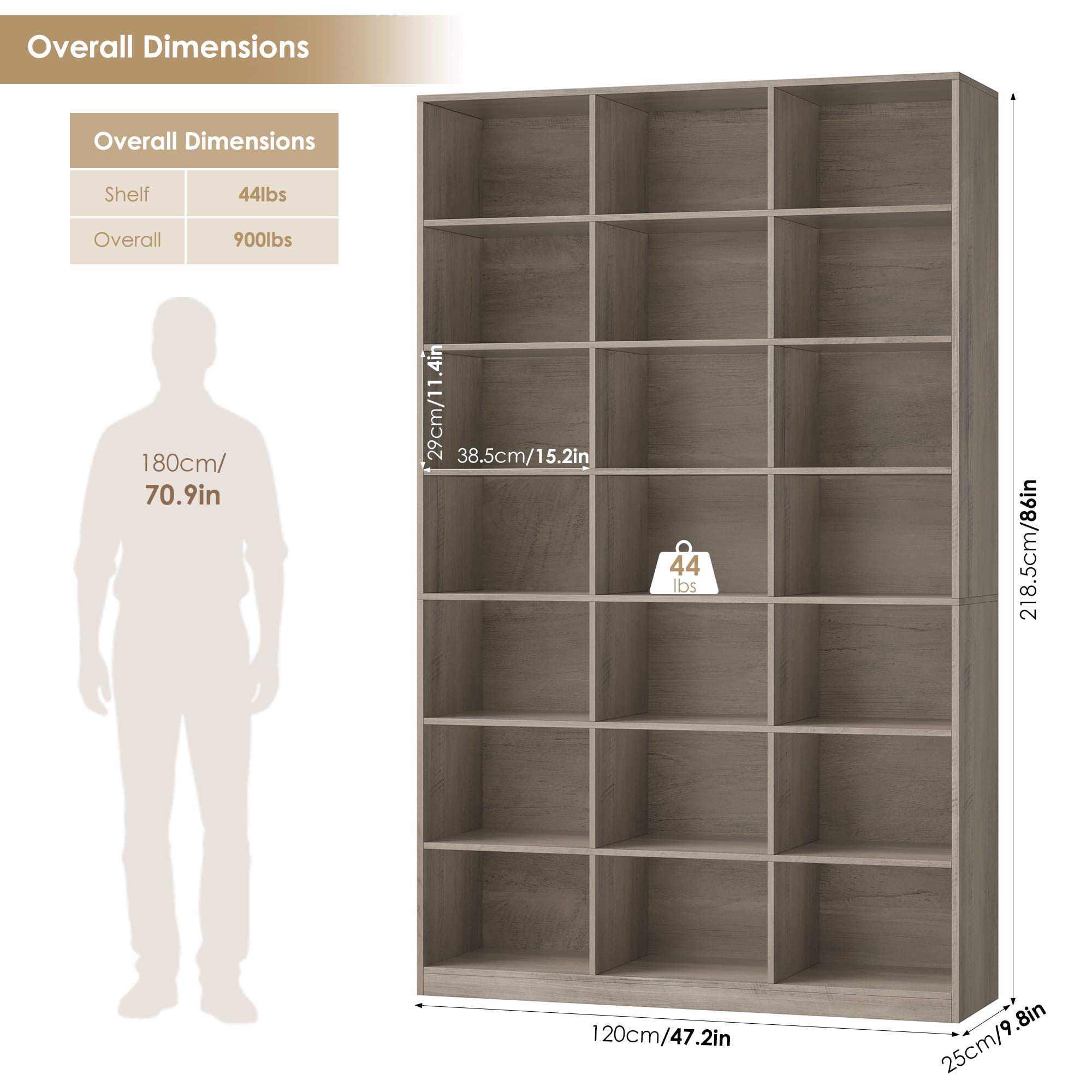 Hiphuta 21-Cube Bookcase, 86"H Tall Wooden Bookshelves for Bedroom, Living Room and Office, Freestanding Display Shelves Cube Organizer, Ash Gray