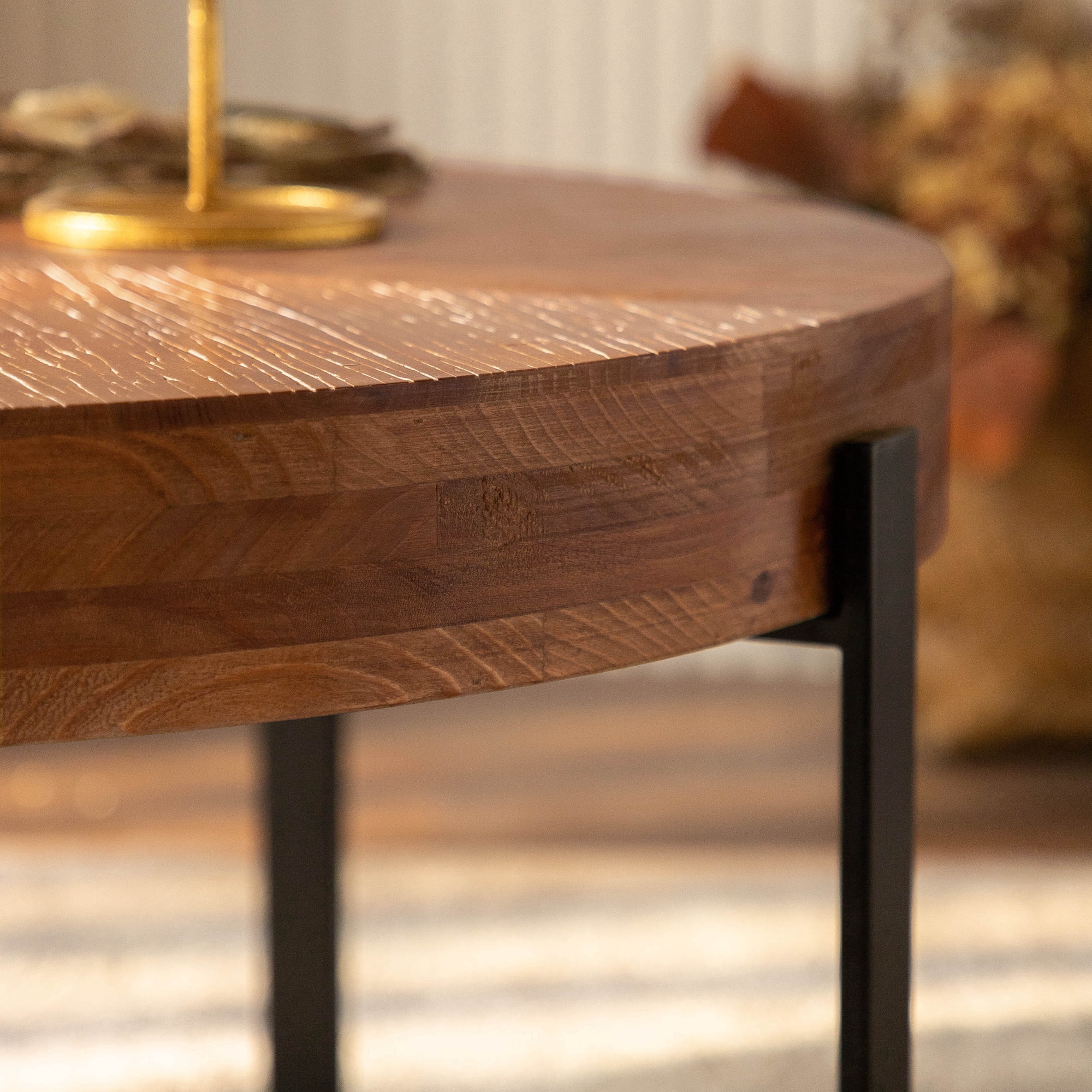 Shunda K Modern Round Wood Coffee Table with Metal Legs, Brown/Black