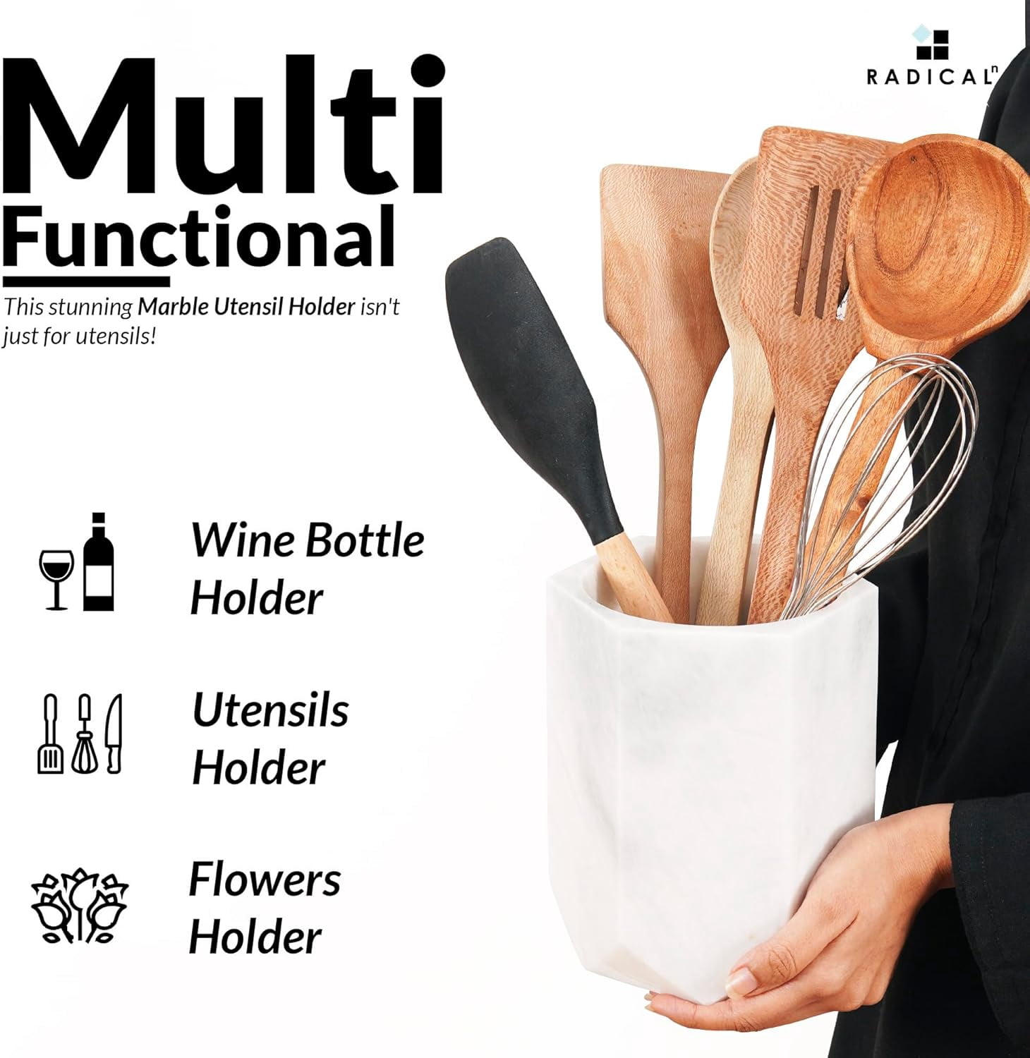 Radicaln Marble Utensil Holder 6.5" White Handmade Kitchen Utensil Holder – Classic Cooking Utensil Organizer and Spoon Holder for Countertop, Decorative Utensil Caddy & Modern Kitchen Essentials