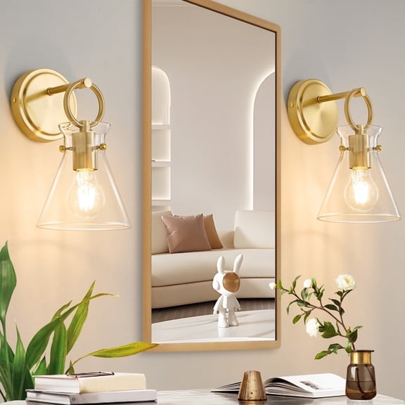 Deyidn 11.42 inch Gold Modern Wall Sconces, Set of 2 Industrial Lights with Clear Cone Glass Shades for Bedroom Hallway