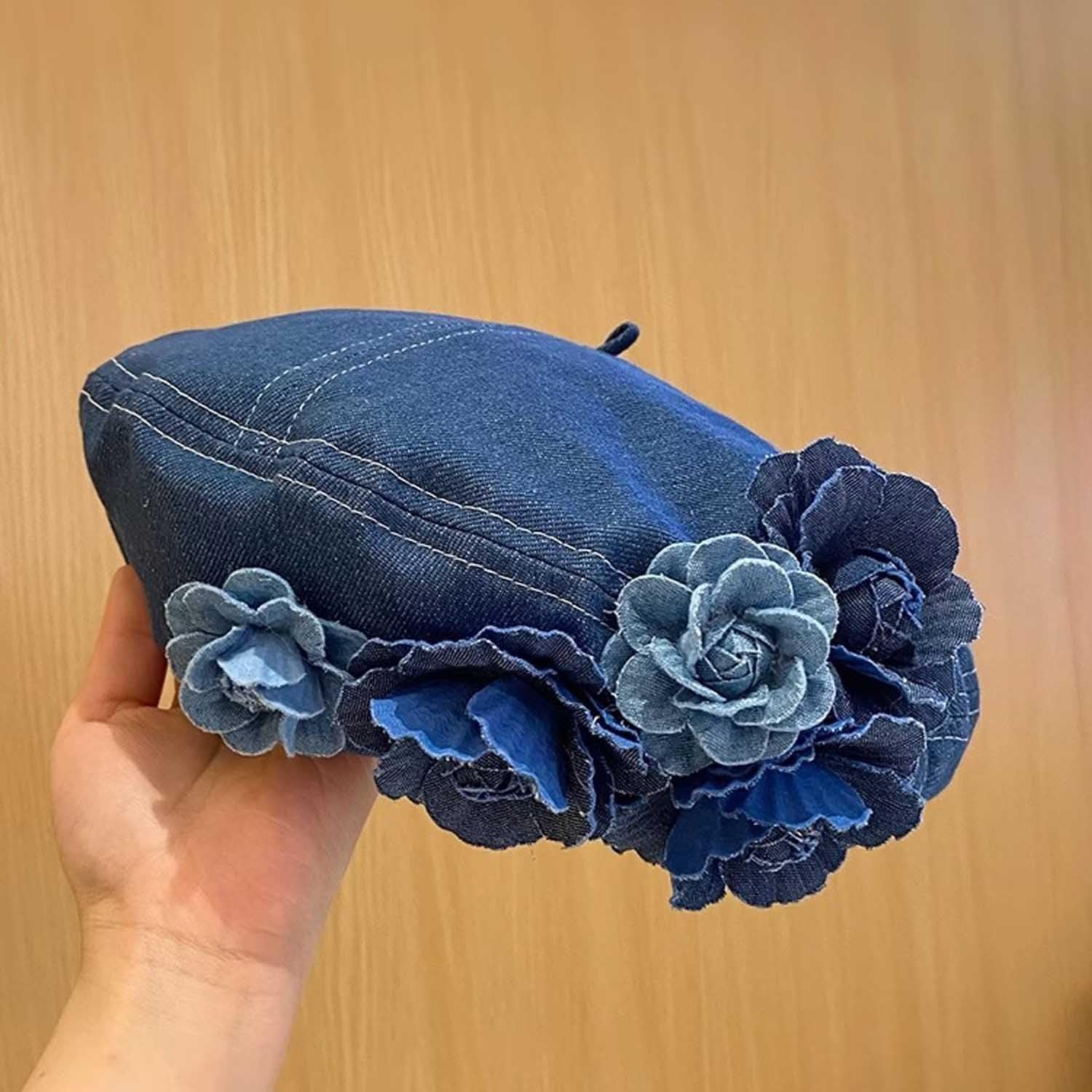 Denim Flower Beret Hat Painter Hat for Women French Hat Artist Hat Casual Sun Hat with Adjustable Strap