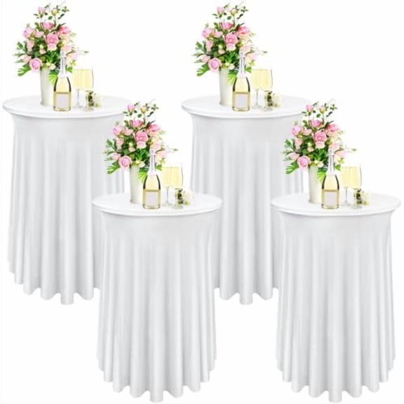 4 Pack Round Spandex Stretch Cocktail Tablecloths with Natural Wavy, 32 x 43 Inch Cocktail Table Covers Round Table Skirt Fitted High Top Table Bar for Party Wedding Birthday Banquet (White)