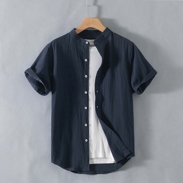 Camisas Elvqul Hombre Manga Corta Liso Azul Oscuro Casuales Lino Cuello Mao Algodón