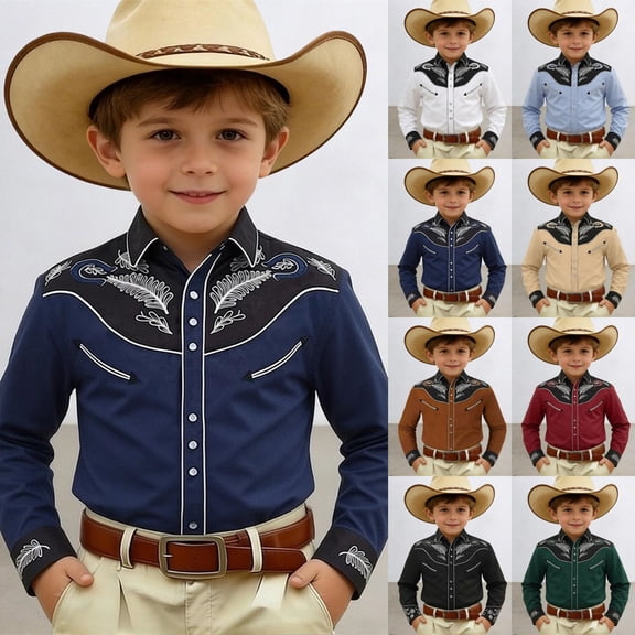 sususu Boys Western Shirts Long Sleeve Pearl Snap Button Down Cowboy Shirt Toddler Kids Retro Country Tops Outfit Black2 6-7 Years