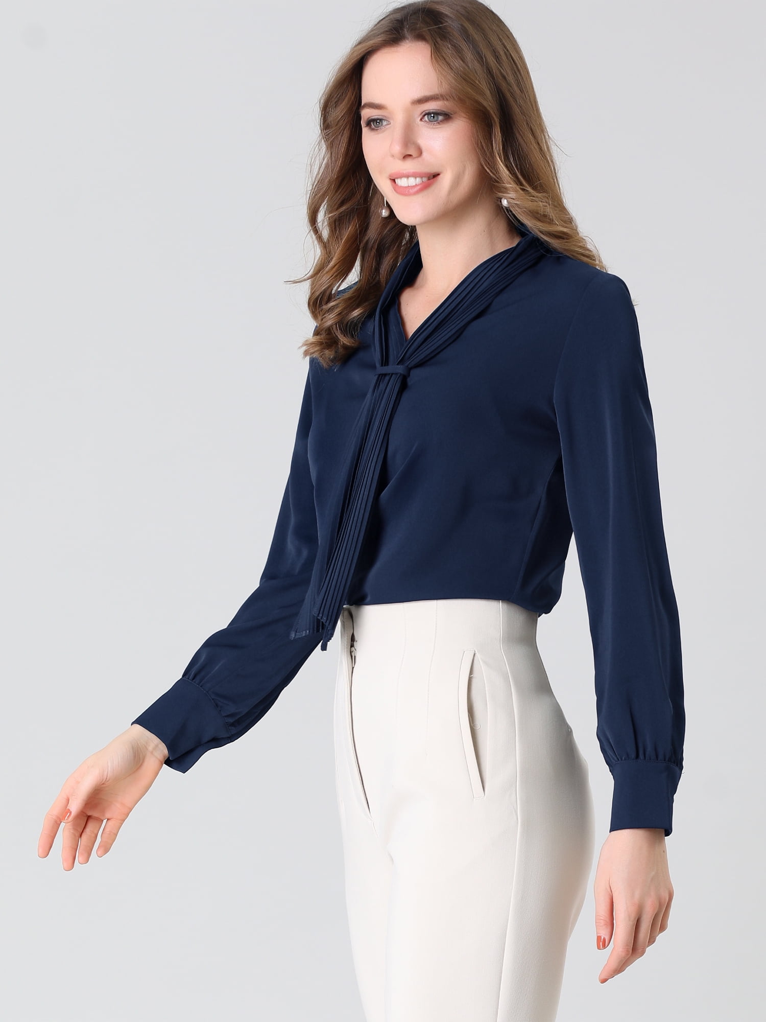 DARING DIVA Tie-Neck Long Sleeve Pleated Tops Shirt 3XL Navy Blue