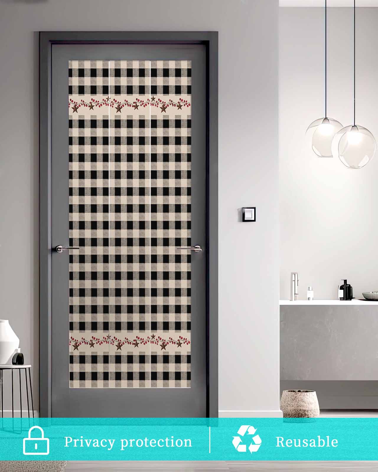 Window Privacy Film Country Star Plaid Stained Glass Window Film Decorative Sun Block Window Cover Black Retro American Farm Barn Berry Window Clings Static Adhesive Sticker for Bathroom 17.7"x39.3"