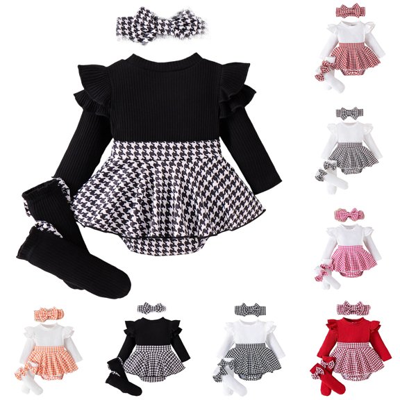 ibiyuan Baby Girl Clothes Winter Outfits Fall 2 Piece Outfit, Ribbed Long Sleeve Bodysuit Houndstooth Hem Jumpsuit Skirt Outfits