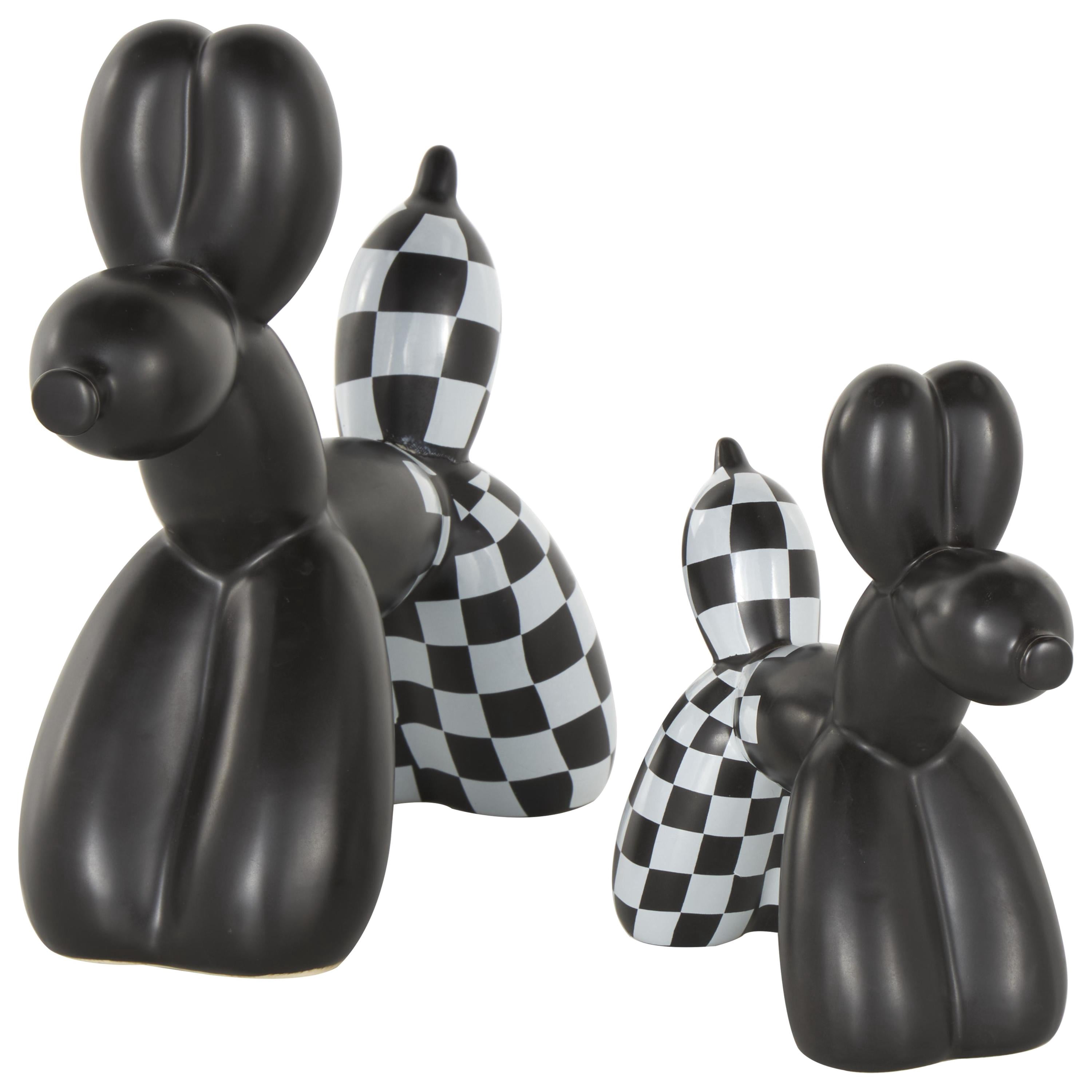 9", 7"H Black Ceramic Balloon Dog Sculpture with Checkered Accents, by DecMode (2 Count)
