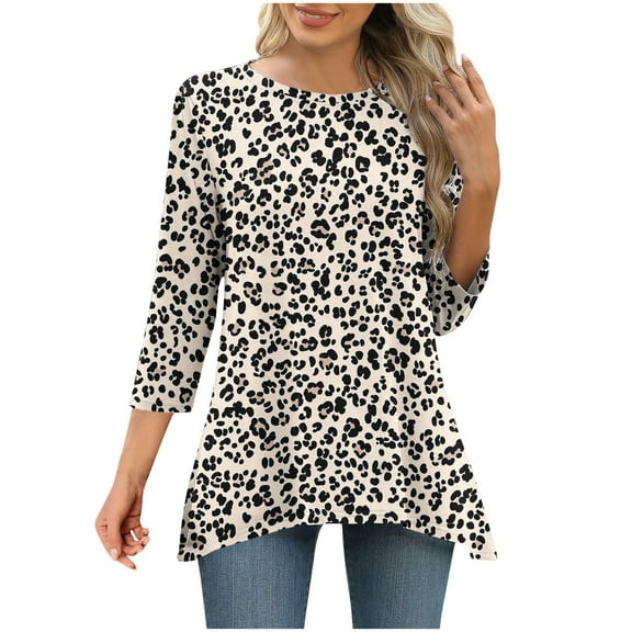 Odbmxy Womens T Shirts Plus Size Tunic 3/4 Sleeve Womens Top Leopard Print Leisure Loose Office Classy Tops,Yellow XL
