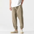 thumbnail image 2 of Mens Cotton Linen Pants Drawstring Elastic Waist Joggers Casual Loose Lightweight Pockets Trousers With Belt (L, Yellow), 2 of 8