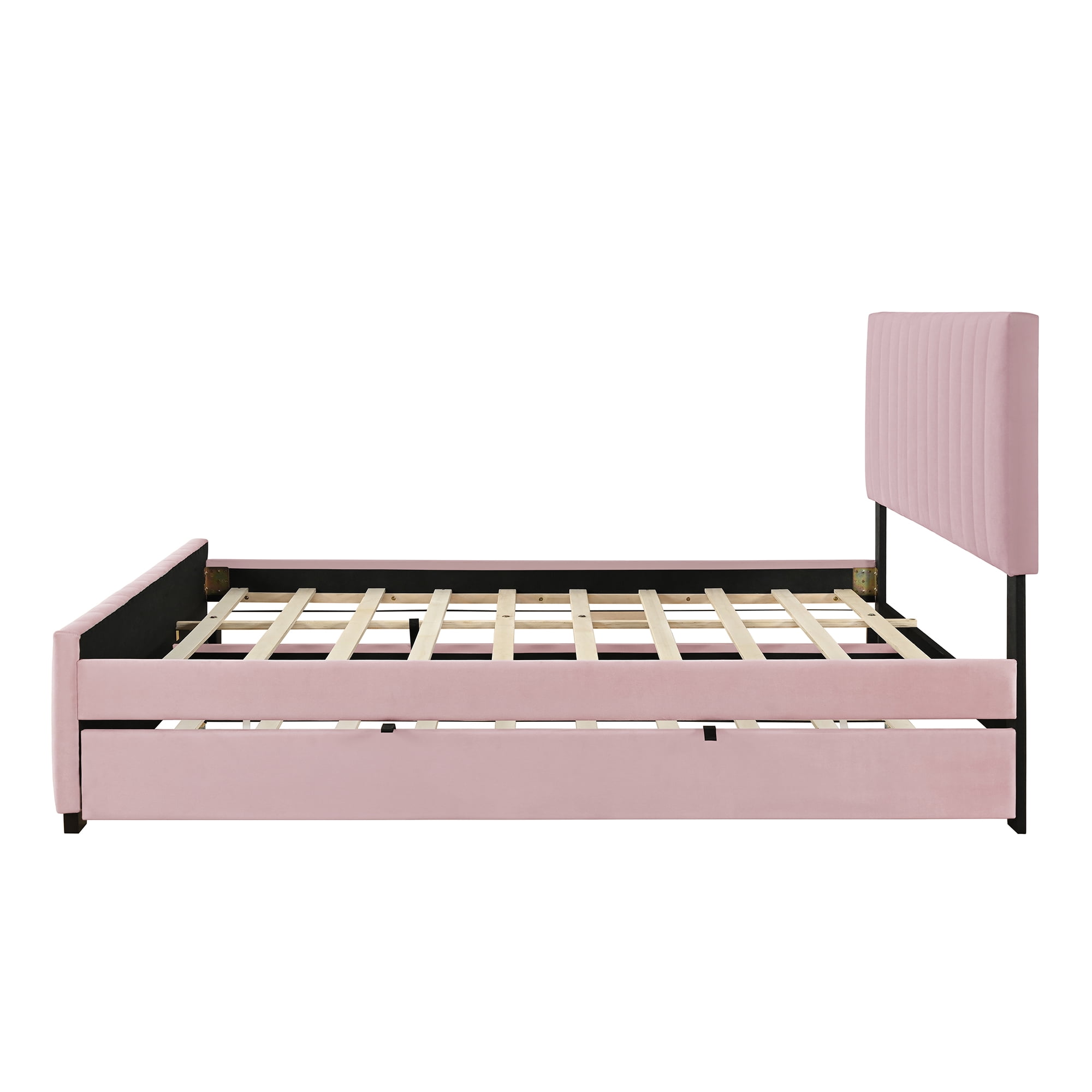 Mintazer Queen Size Velvet Upholstered Platform Bed with Headboard & Twin XL Trundle for Bedroom, Pink