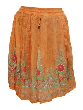 Mogul Womens Ladies Indian Party Boho Gypsy Hippie Mini Orange Sequin Skirt