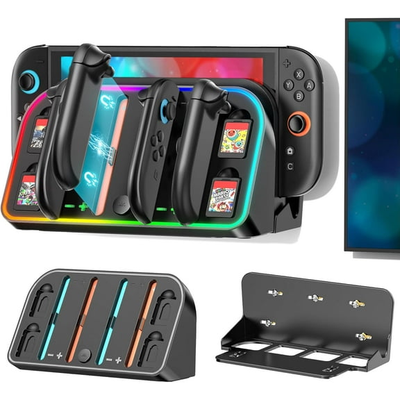 Switch 2 Wall Mount Charging Dock for 2025 Joycon 2, Wall Mount Kit Shelf for NS2 Accessories, RGB Charger Dock Station with 4 Game Storage Holder for Switch 2 Game Console Holder Stand